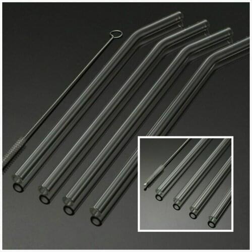 4Pcs Reusable Straight Bent Glass Tube Drinking Straw Sucker With Cleaning Brush