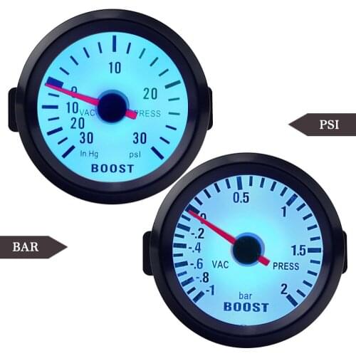 Car Gauge 2" 52mm Bar Turbo Boost Gauge -1~2 Bar / -30~30 PSI Vacuum Press Meter for Auto Blue Light Black Rim 12V