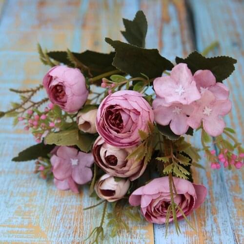 Rose Pink Silk Bouquet Peony Artificial Flowers 4 Big Heads 2 Small Bud 10 Hydrangeas Bride Wedding Home Decoration Fake Flowers