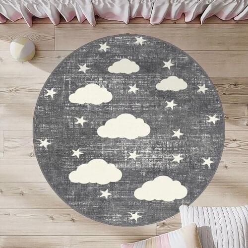 Gri Yuvarlak Çocuk Odası Halısı beyaz yıldız bulut