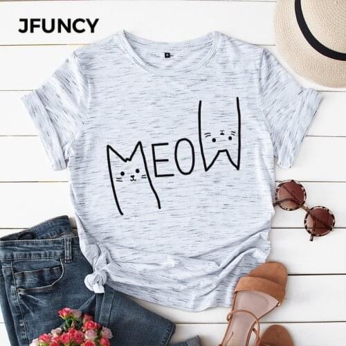 JFUNCY Women Tee Shirt 100% Cotton Casual Short Sleeve Tshirt Cute Meow Cat Print Woman T-shirt 4 Colors S-5XL Female Tops