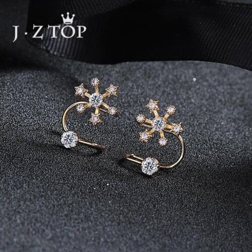 JZTOP Cute Crystal Flower Clip Earrings For Women Gold Silver Color U-shaped Ear Bone Cuff Invisible Earring Girl Party Jewelry