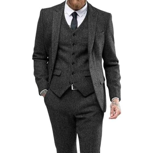 Mens Suits 3 Pieces Grey White Herringbon Lapel Fit Casual Formal Business Groomsmen Tuxedos for Wedding Blazer+Pants+Vest