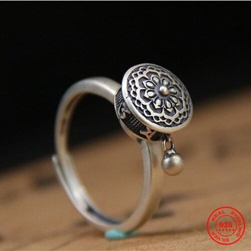 MKENDN 925 Sterling Silver Buddhist Ring for Women Tibetan Prayer Wheel Ring OM Mantra 7 Chakras Ring Good Luck Women Men Ring