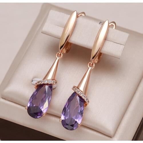 Kinel Fashion Women Long Earrings Luxury 585 Rose Gold Water Drop Purple Natural Zircon Dangle Earring Fine Jewelry Crystal Gift