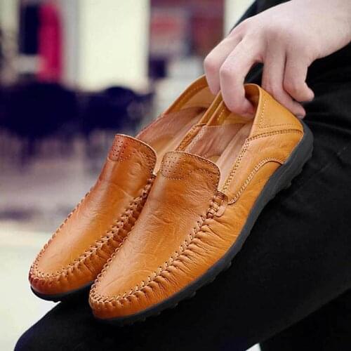 Plus 47 Original Genuine Leather Men Dress Shoes Breathable Leisure Office Man Shoes Beans Zip Brand Design Pointed Toe Shoes