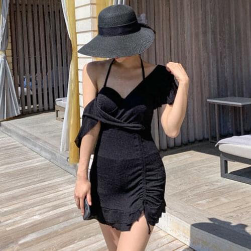 2021 Solid Color Flying Sleeves Deep V Tight-Fitting Wlegant Conservative Halter High-Waist Skirt Drawstring Pleated Swimsuit