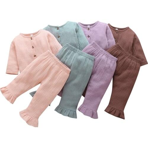0-24M Autumn Infant Newborn Baby Girls Solid Color Outfits Long Sleeve Round Neck Cardigan Ruffle Trousers 2 Pcs Clothes Set
