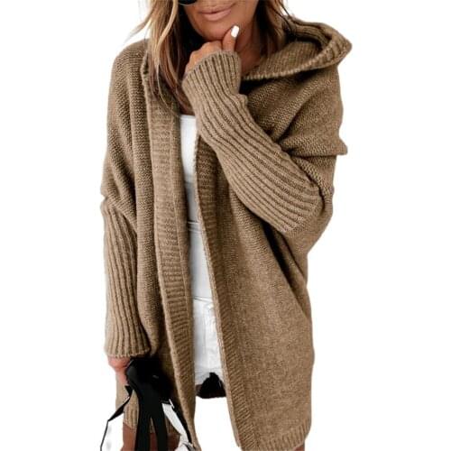 Casual Women Cardigan Sweater Solid Color Batwing Sleeve Autumn Winter All Match Patchwork Hooded Coat for Daily Wear Black