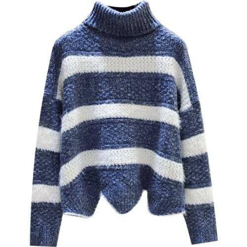 Turtleneck Outside Loose Striped Oversized Plus Large Size Female Woman Blouses Winter WomenS Sweaters Clothing Latest D0529