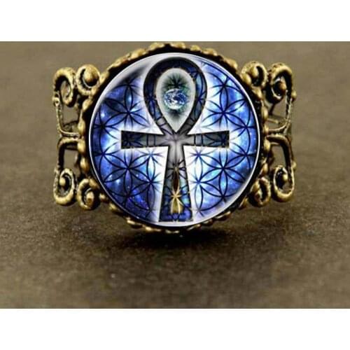 Steampunk 2017 Flower of Life Ankh Ring Chakra Sacred Geometry Jewelry Art Glass Cabochon