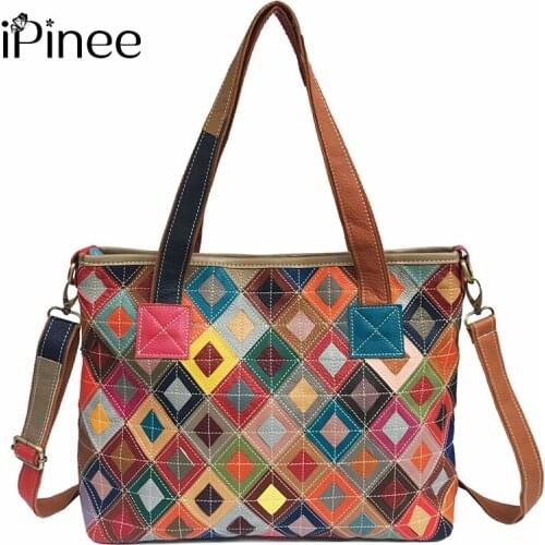IPinee Genuine First Layer of Cow Leather Shoulder Bags Women Luxury Handmade Patchwork Real Leather Messenger Handbags For Fema