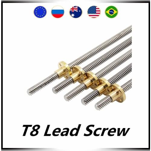 CNC 3D Printer T8 Lead Screw 8mm diameter Lead 2mm 4mm 8mm 10mm pitch 2mm Length100mm200mm300mm400mm500mm600mm with Brass Nut