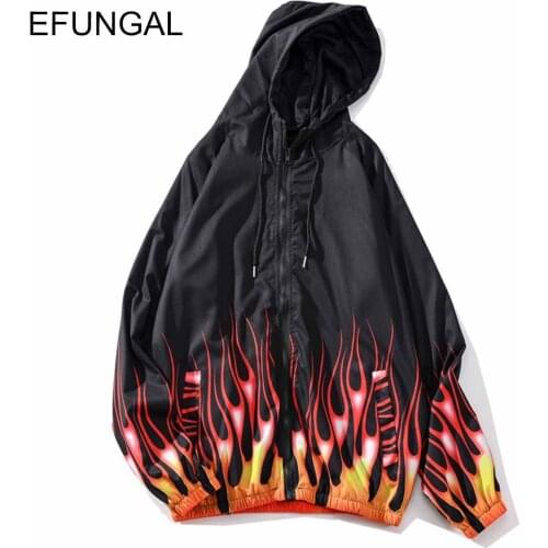 EFUNGAL Flame Print Casual Windbreaker Jackets Coats Men Spring Autumn Winter Hip Hop Jacket Zipper Outwear Harajuku Streetwear