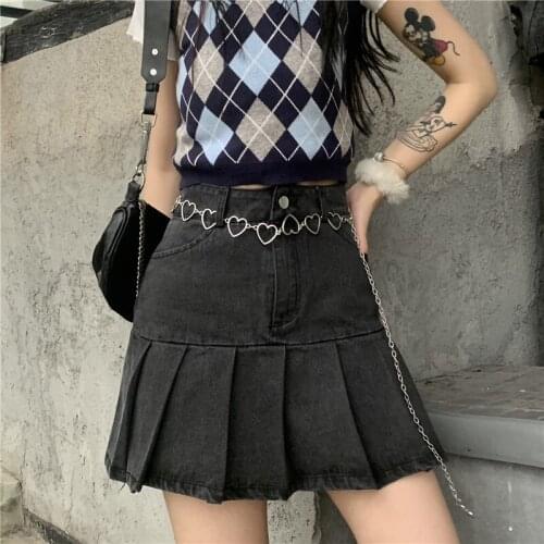 Trendy Ins Harajuku Style Sweet And Cool Hot Girl High Waist Pleated A-Line Skirt Summer Y2k Fashion Denim Skirt Beautiful Woman