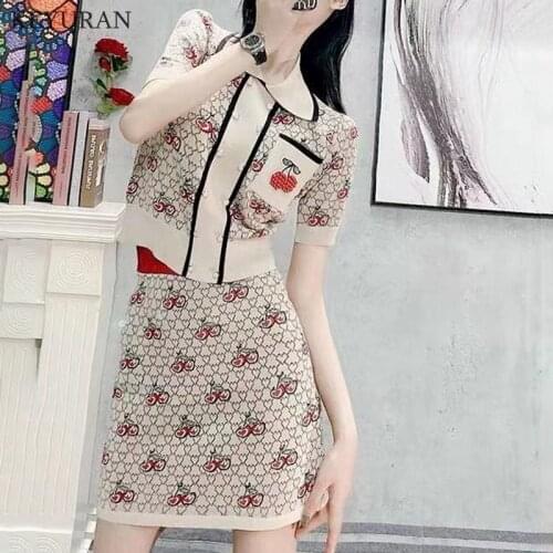 Jacquard Cherry Knitted Sets 2021 Spring Summer Korean Chic Turn Down Collar Short Sleeve Knit Cropped Tops and Mini Skirt Suit
