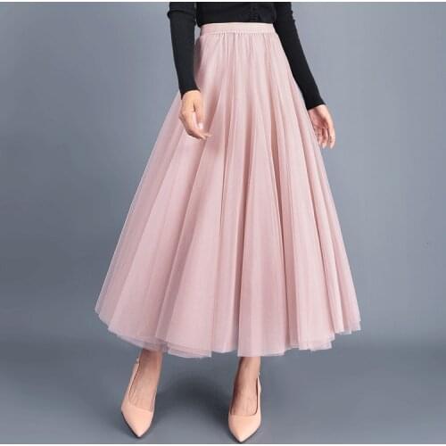 Beige Gray Pink Maxi Long Skirt Spring Summer Womens 2020 New Tulle Skirts Party Mesh A-line Skirts Female Jupe Longue