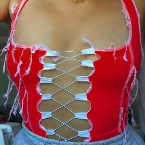 SEASONS Sexy low-neck Hollow Out Sleeveless Crop Top Striped Patchwork Drawstring Bandage Club Vest Camisole Fashion ASVE81281