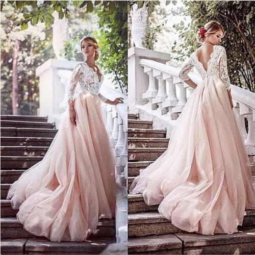 Vestido De Festa Blush Pink Long Formal Dresses Tulle Formal Gowns With Sleeves Lace Bodice Robe De Soiree Custom Made