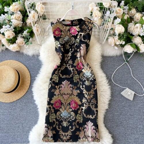 Runway dress vintage black flower embroidery jacquard tank dress women elegant sleeveless summer autumn luxury party mini dress