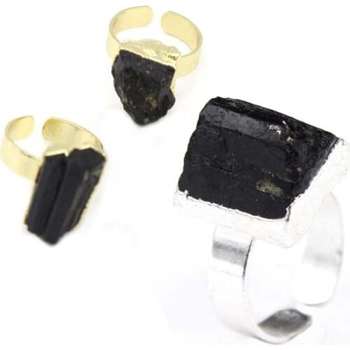 1PC Black Tourmaline Stone Men Ring Reiki Natural Gem Stone Finger Ring for Women Plating Adjustable Party Jewellery