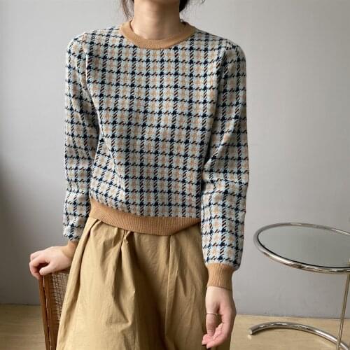 2021 Autumn Women O-Neck Sweater Plaid Knitted Fashion Oversize Winter Warm Sweater Casual Women Pullovers Pull Femme