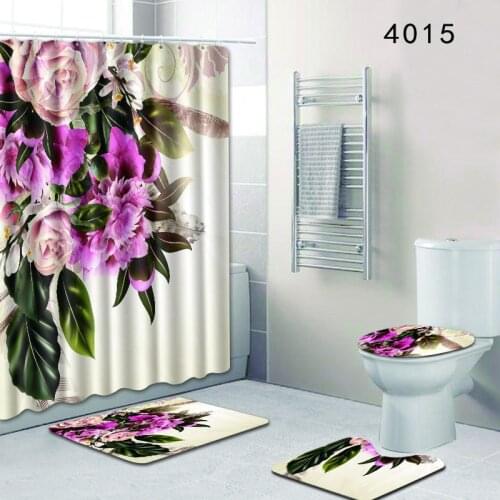 T 3/4pcs Bathroom Rug Sets Flowers Bath Mat and Shower Curtain Set Bathroom Carpet Accessories Toilet Seat Covers for Home Decor