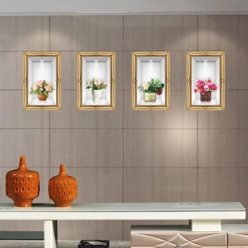 3D Fake Picture Frame Stereo Flowers in the Vase Wall Stickers Living Room Bedroom Fresh Plant Wall Decals Wall Border Decor