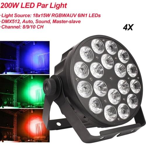 4Pcs/Lot LED Flat Par 18x15W RGBWAUV 6IN1 Lighting DMX512 LED Stage Lighting DJ Disco Show Club Party Nightclub Effect Light