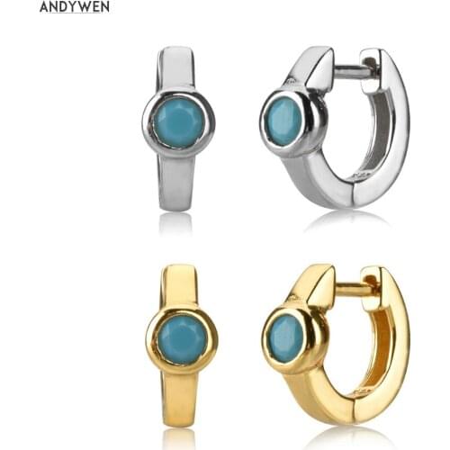 ANDYWEN 925 Sterling Silver 7.5mm Turquoise Hoop Luxury CZ Zircon Pave Huggies New 2020 Fashion Loop Circle Round Jewelry