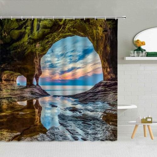 Reef Cave Scenery Shower Curtains Beach Seaside Starfish Tropical Plant Polyester Fabric Bathroom Supplies Decor Hanging Curtain