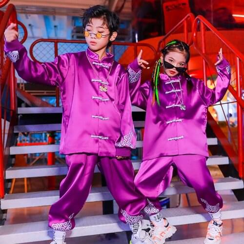 Hip-Hop Kids Dance Clothes Chinese Style Tang Suit Purple Satin Loose Tops Girls Pants Hiphop Boys Show Stage Costume New BL4993