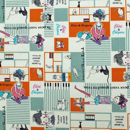 Cotton Linen Fabric for sewing pathwork, bedding, hadmaking, Lovely Girl And Cat - Orange (width=138cm)