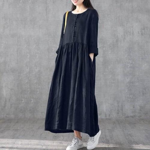 Kaftan Linen Shirt Dress Womens Spring Sundress 2021 ZANZEA Casual Long Sleeve Midi Vestidos Female O Neck Robe Plus Size 5XL