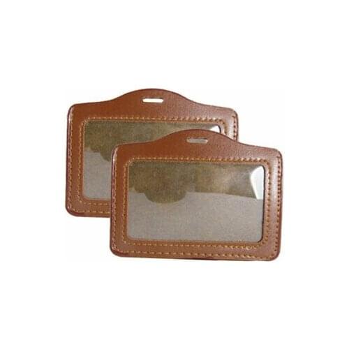 Brown Faux Leather Business ID Badge Card Holder 2Pcs