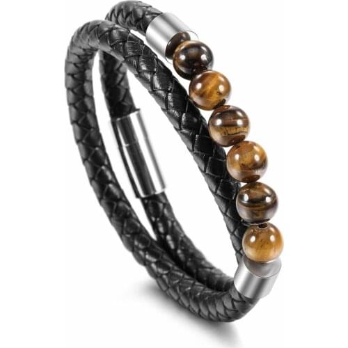Leather Bracelets 8MM Lava Tiger Eye Stone Beads 2 Strands Wrap Stainless Bracelets & Bangles for Men Punk Jewelry