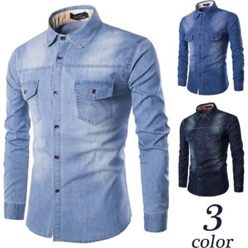 Mens Washed Denim Shirt Long-Sleeved Slim Lapel Shirt 2021 Spring and Autumn Designer European American Plus Size Jacket Coat