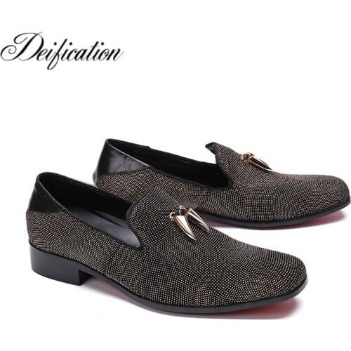 Deification Mocassin Homme Italian Fashion Mens Loafers Slip On Running Shoes Sequin Studded Men Casual Natural Leather Loafers