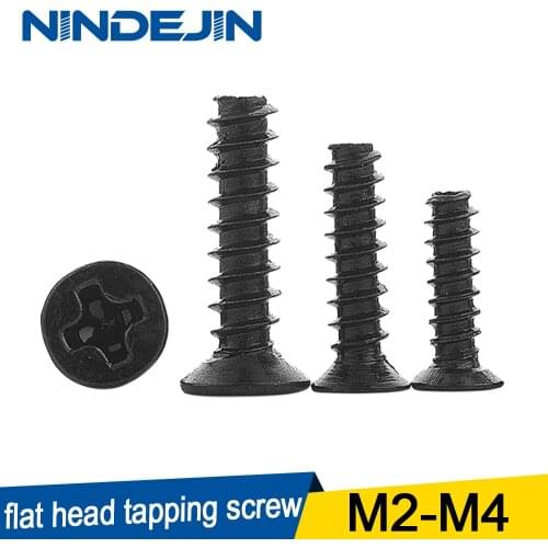 NINDEJIN 100pcs Cross Recessed Countersunk Head Self-tapping Screw M2 M2.3 M2.6 M3 M4 Black Carbon Steel Flat Head Mini Screw