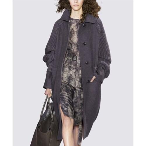 2018 new fashion woolen fabrics knitted spliced women long overcoat cocoon type EU size S/M/L/XL