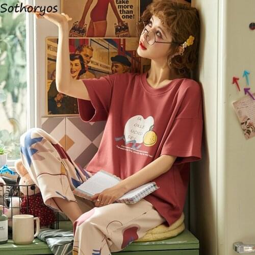 Pajama Sets Long Pants Summer Women 2XL Printed Homewear Korean Style Casual Kawaii Womens Stretchy Pyjamas Outerwear Simple New