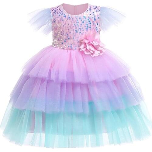 Cake Flower Tutu Girls Dress Cute Sweet Rainbow Kids Dresses for Girls Ruffle Sleeve Dance Party Carnival Children Clothes