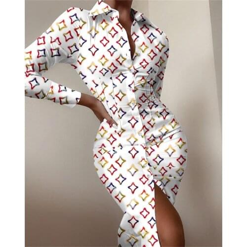 Dress Women Long Sleeve Mid Fashion Print Shirts Elegant Ladies Splice Long Shirt Dress Irregular Party Dress womens flower new