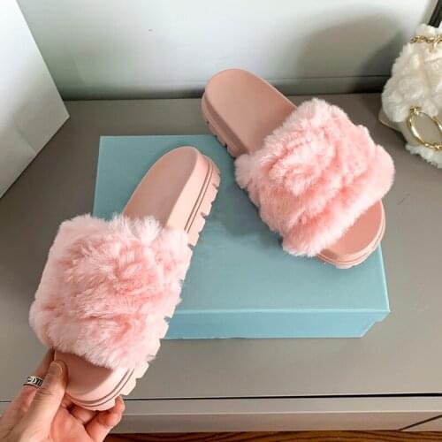 Pink Solid Fur Slippers Open Toe Fluffy Flat Shoes Women Black Fashion Thich Bottom Sliders Furry Casual Footwear