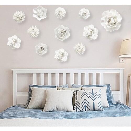 Modern 3D Ceramic White Flower Wall Sticker Decoration Livingroom TV Background Wall Hanging Crafts Hotel Wall Mural Accessories