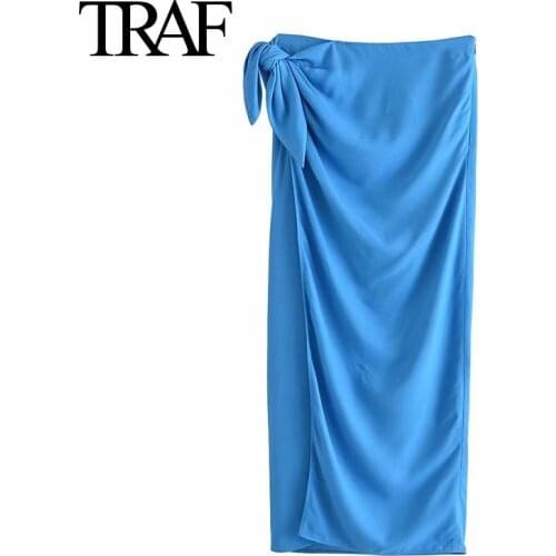 TRAF za Women Clothing Blue Bow Long Skirts French Fashion Female Vintage Side Zipper High Waist Midi Skirt Mujer