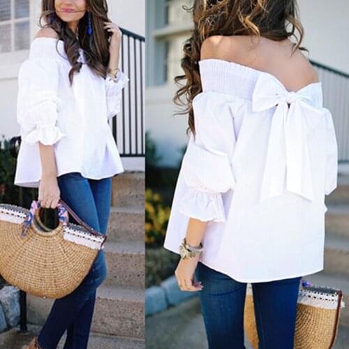 Blouse New Bowknot Tops Slash Neck Shirts Casual Loose Blusas Plus Size Sexy Off Shoulder Spring Summer Strapless Women Blouse