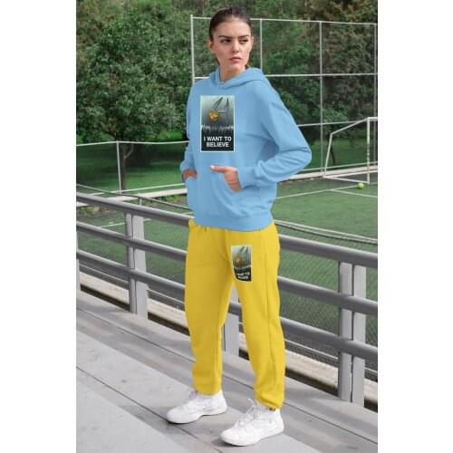 Angemiel Wear I Want To Believe Women Tracksuit Set Blue Hooded Sweatshirt Yellow Sweatpants
