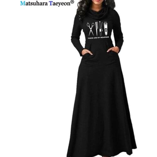 Barber Women Warm Dress With Pocket Long Sleeve Vintage Maxi Dress Robe Bow Neck Hairdresser Weapon scissors Long Elegant Dress
