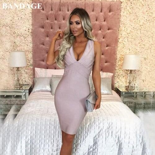 BANDAGE Women Vestidos Nude Bandage Dress Sleeveless Sexy V Neck Backless Party Dresses Knee Length Clothes Female